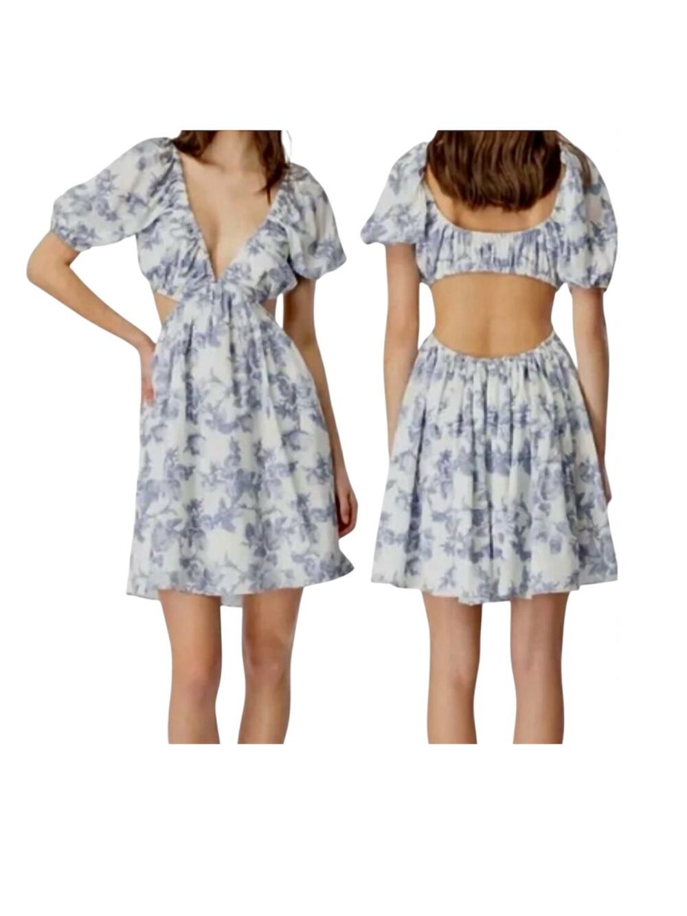 Bardot 8 L Eden floral v front open back puff sleeve mini dress D4 3320